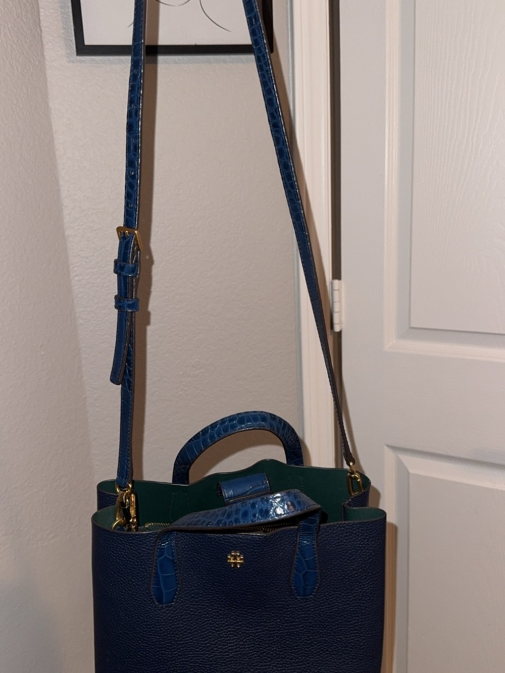 Tory Burch Navy Leather Tote with Green Interior and Croc Trim